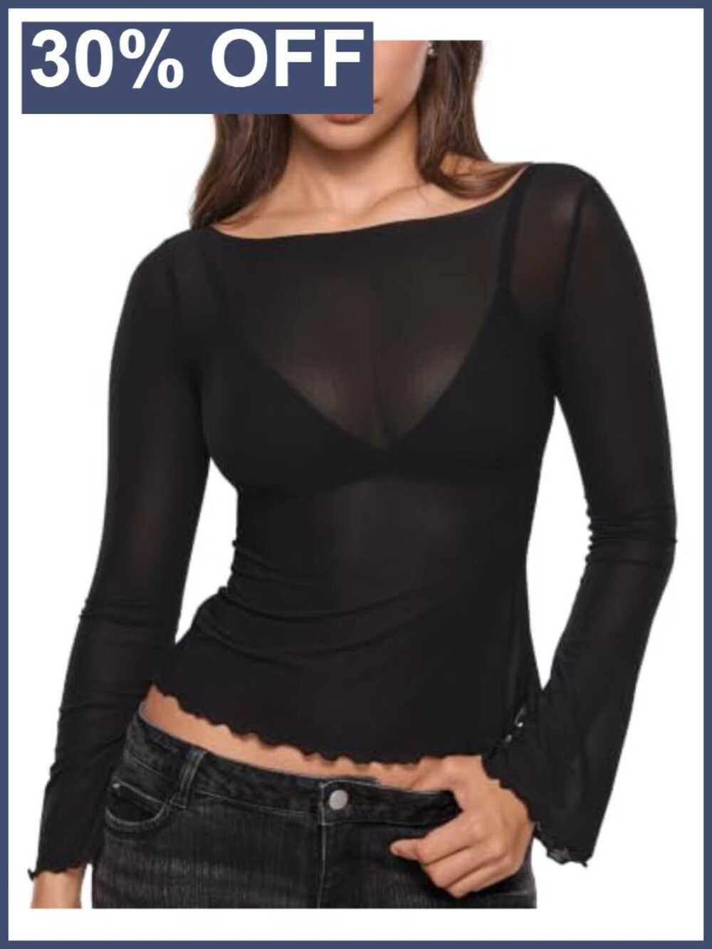 Women's Mesh Boat Neck Long Bell Sleeve Top Sheer Blouse